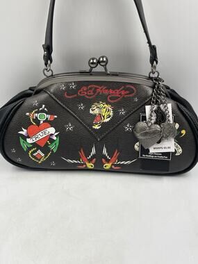 Ed Hardy Black Handbag with Tattoo-style Graphics Including A Tiger Heart NWT